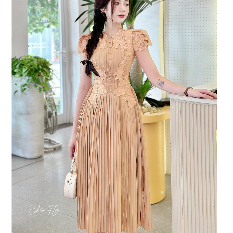 Váy Ren Hoa Thiết Kế Dáng Dài Dập Ly Hàng Cao Cấp