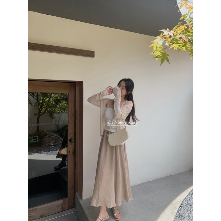 SET 3 MÓN KEM: ÁO KHOÁC CARDIGAN GÂN TĂM + ÁO TRẮNG 2 DÂY + CHÂN VÁY KEM SUÔNG MIDI