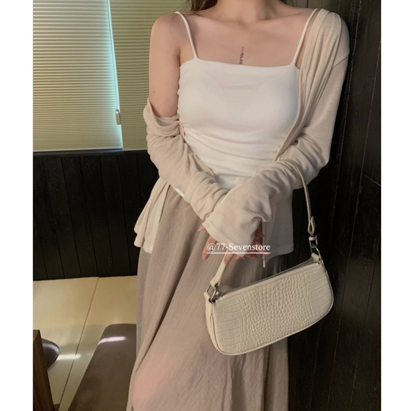 SET 3 MÓN KEM: ÁO KHOÁC CARDIGAN GÂN TĂM + ÁO TRẮNG 2 DÂY + CHÂN VÁY KEM SUÔNG MIDI