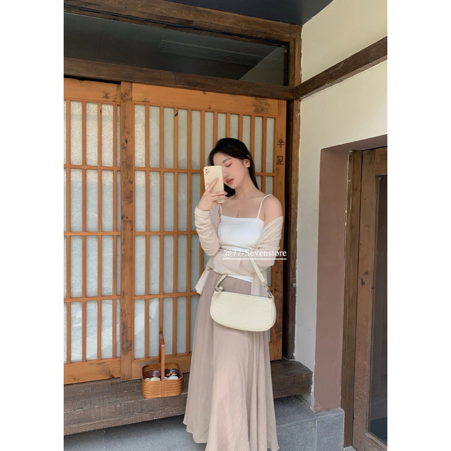 SET 3 MÓN KEM: ÁO KHOÁC CARDIGAN GÂN TĂM + ÁO TRẮNG 2 DÂY + CHÂN VÁY KEM SUÔNG MIDI