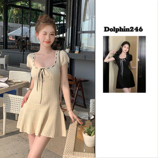 Váy dệt kim đầm len ngắn tay cổ vuông dáng ngắn tôn dáng che khuyết điểm đính nơ xinh xắn ngọt ngào M237 H-2