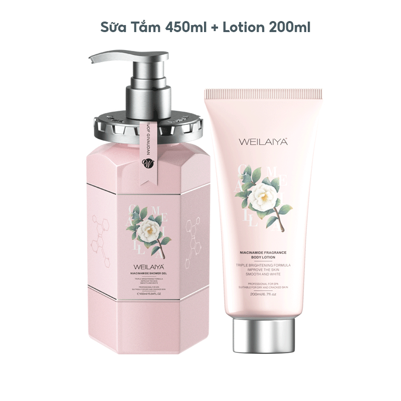 Set Quà Tặng Cao Cấp Dưỡng Trắng Camellia Weilaiya Dưỡng Thể Trắng Da 200ml - Sữa Tắm Camellia 450ml