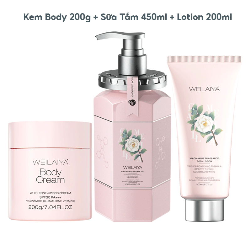 Set Quà Tặng Cao Cấp Dưỡng Trắng Camellia Weilaiya Kem Body 200g - Dưỡng Thể Trắng Da 200ml - Sữa Tắm Camellia 450ml