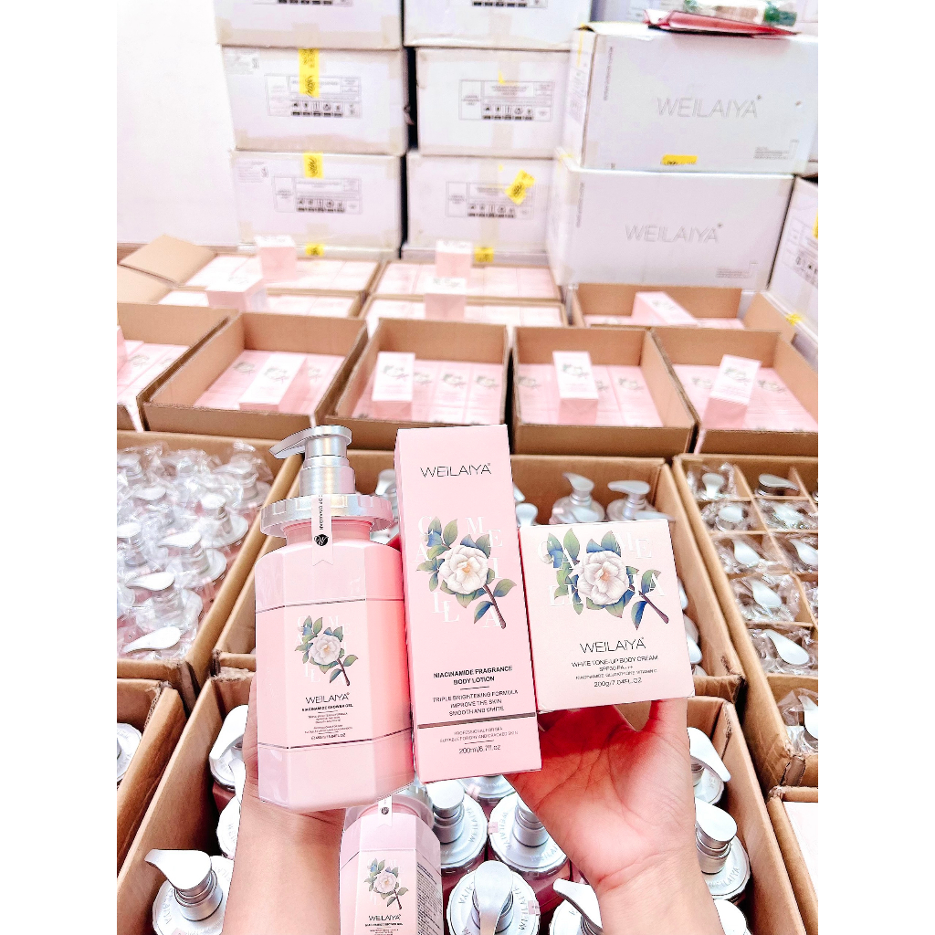 Set Quà Tặng Cao Cấp Dưỡng Trắng Camellia Weilaiya Kem Body 200g - Dưỡng Thể Trắng Da 200ml - Sữa Tắm Camellia 450ml