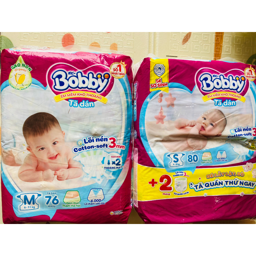 Tã dán Bobby XS76/ S80/M76/L68/XL62/XXL56 mới- Lõi nén cotton-soft 3mm