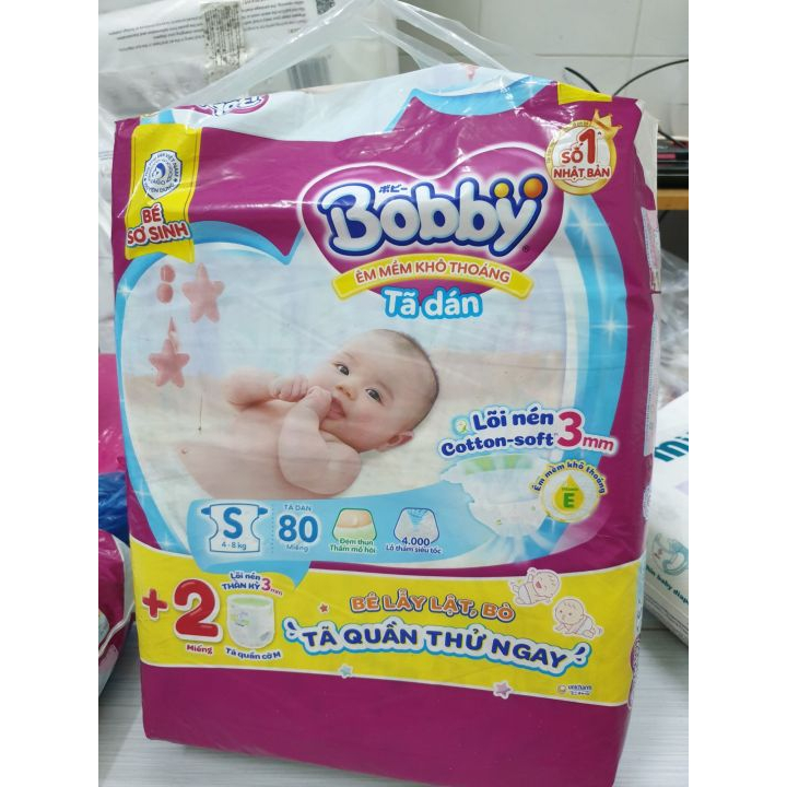 Tã dán Bobby XS76/ S80/M76/L68/XL62/XXL56 mới- Lõi nén cotton-soft 3mm