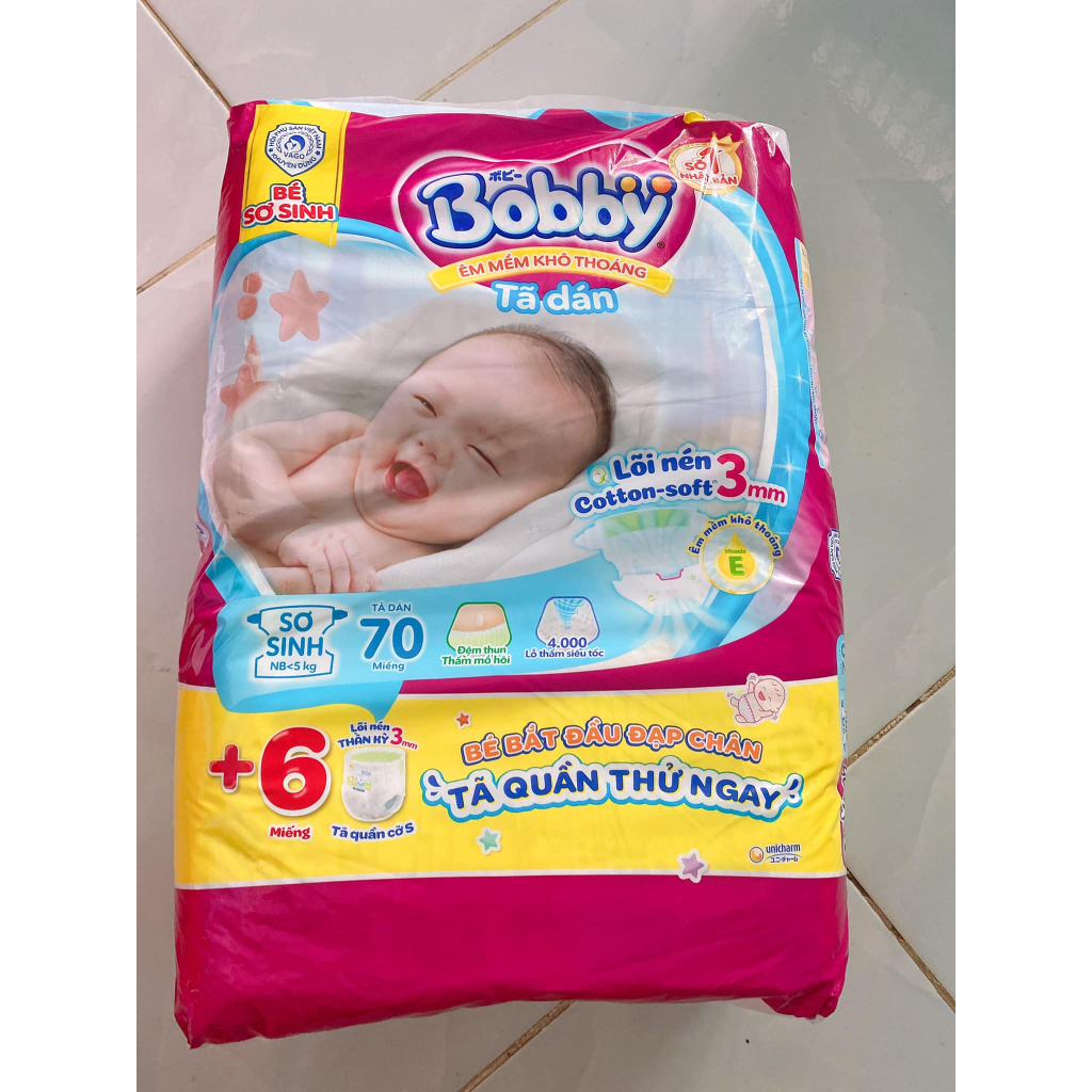 Tã dán Bobby XS76/ S80/M76/L68/XL62/XXL56 mới- Lõi nén cotton-soft 3mm