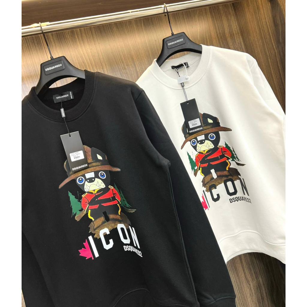 Áo Nỉ Nam Nữ ICON Phối Chó, Chữ Sau Lưng New 2023 - Chất Vải Nỉ Sọc, Hình In Sắc Nét - Form Dáng Đẹp - Size 50kg-80kg