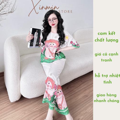 Bộ mặc nhà quần dài yếm voan phối Latin size dưới 67kg XINMIN.STORE;bộ quần dài lụa Latin cổ tròn dưới 68kg