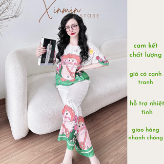 Bộ mặc nhà quần dài yếm voan phối Latin size dưới 67kg XINMIN.STORE;bộ quần dài lụa Latin cổ tròn dưới 68kg