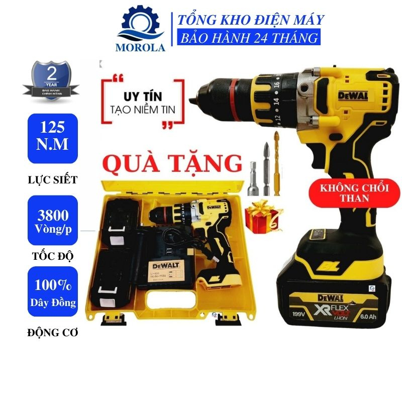 Máy Khoan Pin Dewat 199V không chổi than - 13mm - Khoan pin 3 chức năng có búa tặng kèm bộ mũi khoan chi ti