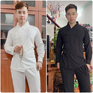 Đồ lam đi chùa nam chất vải đũi gân chéo nhật Thiên Di - Pháp phục đi chùa cao cấp cho phật tử D43