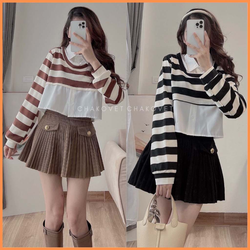 Áo sơ mi nữ dài tay, áo croptop kẻ sọc ngang hai lớp A8726 kiểu dáng H
