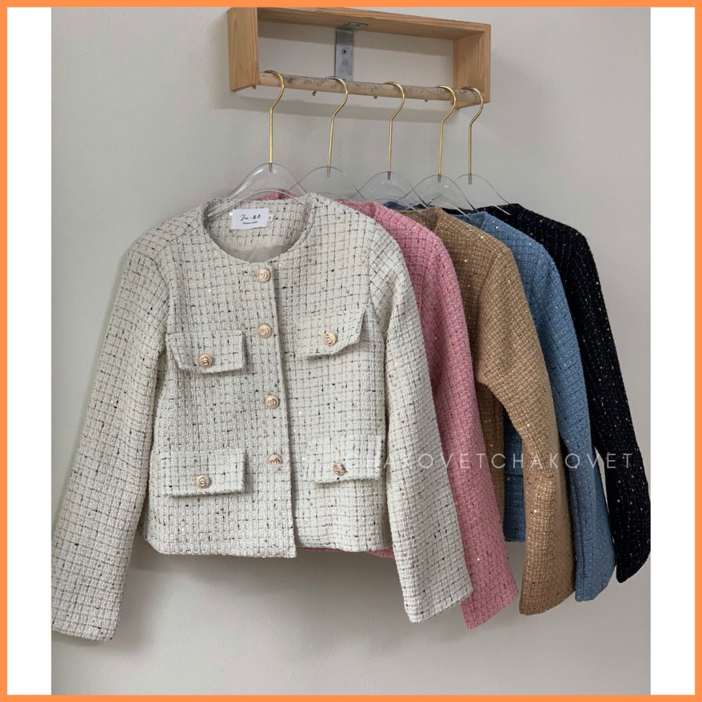 Áo dạ Tweed Forgirl kẻ caro dáng ngắn, Áo khoác dạ nữ tay dài thu đông Hàn Quốc dày dặn sang chảnh A8724 -CHAKOVET