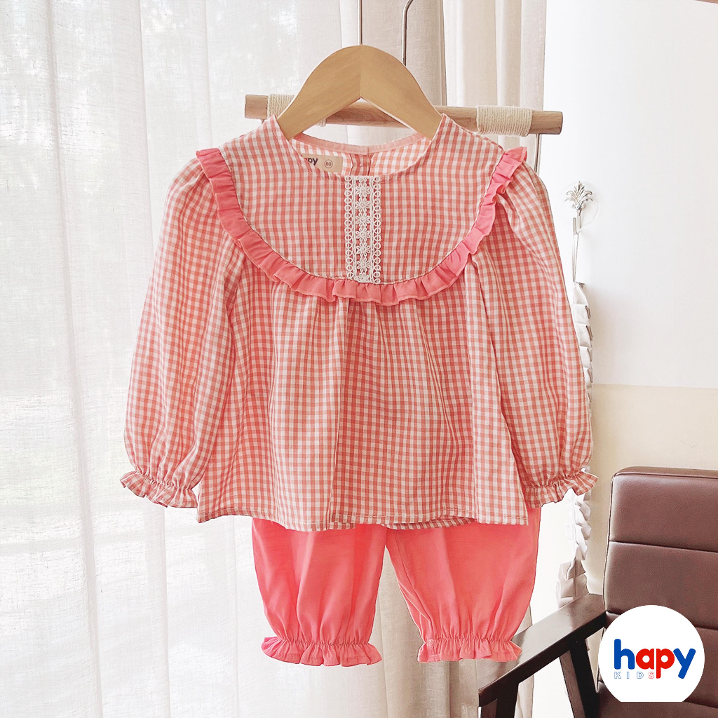 Đồ bộ bé gái thu đông dài tay, họa tiết caro bèo ngực chất đũi cho bé từ 1-6 tuổi Hapykids 23.B17