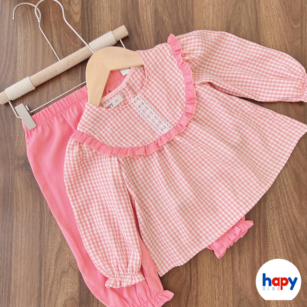 Đồ bộ bé gái thu đông dài tay, họa tiết caro bèo ngực chất đũi cho bé từ 1-6 tuổi Hapykids 23.B17
