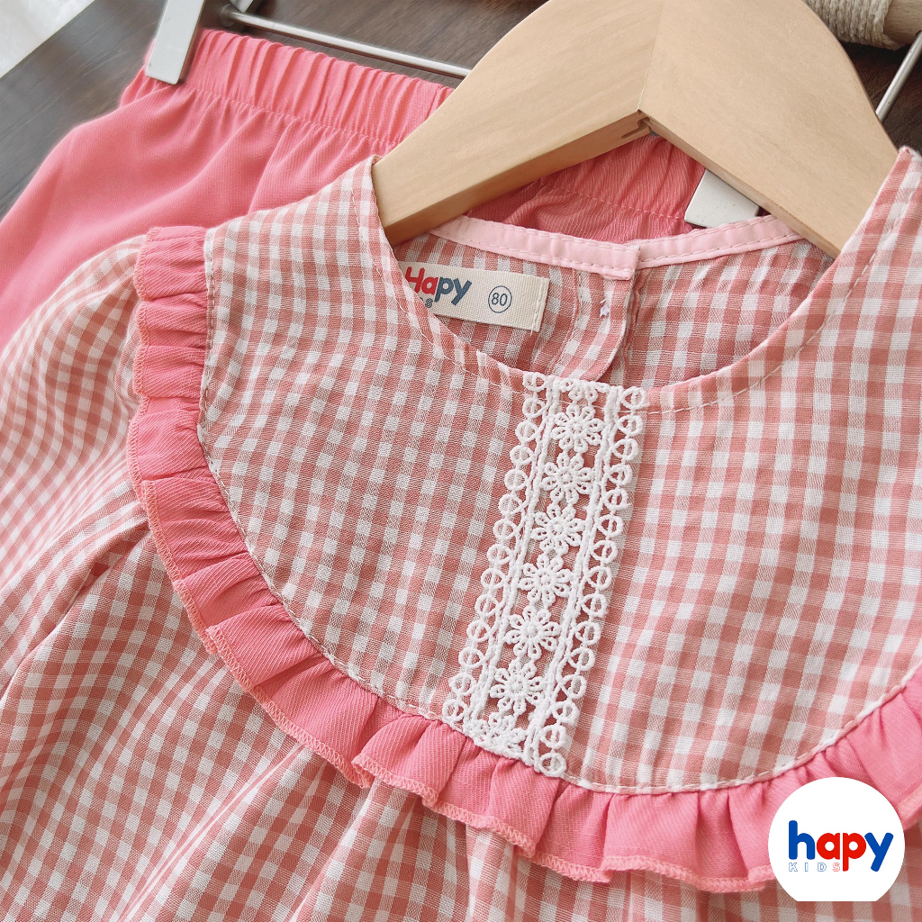 Đồ bộ bé gái thu đông dài tay, họa tiết caro bèo ngực chất đũi cho bé từ 1-6 tuổi Hapykids 23.B17