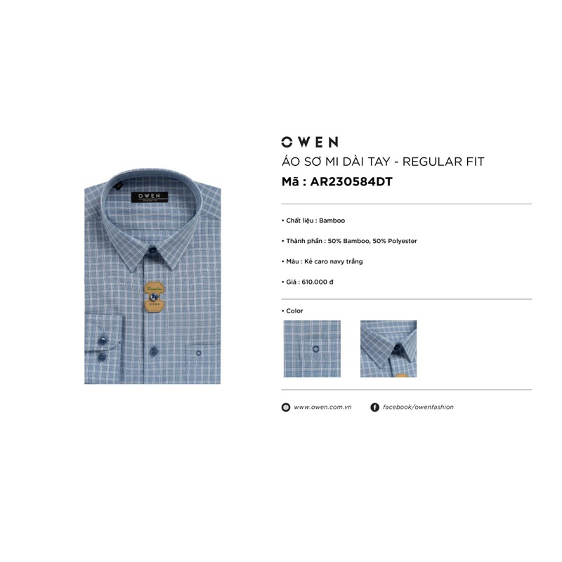 Áo sơ mi owen dài tay màu caro navy trắng regular fit vải sợi tre AR230584DT