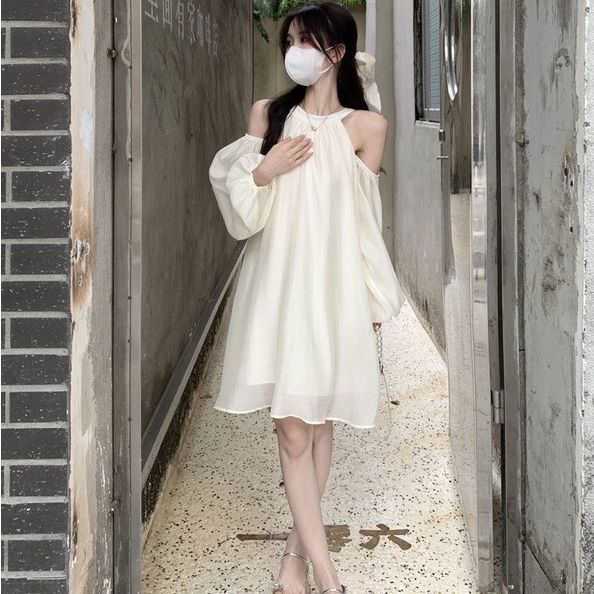 Váy babydoll trễ vai dài tay chất tơ óng, đầm tiểu thư cổ yếm 2 lớp có dây buộc dáng xòe mã HV202 HMS