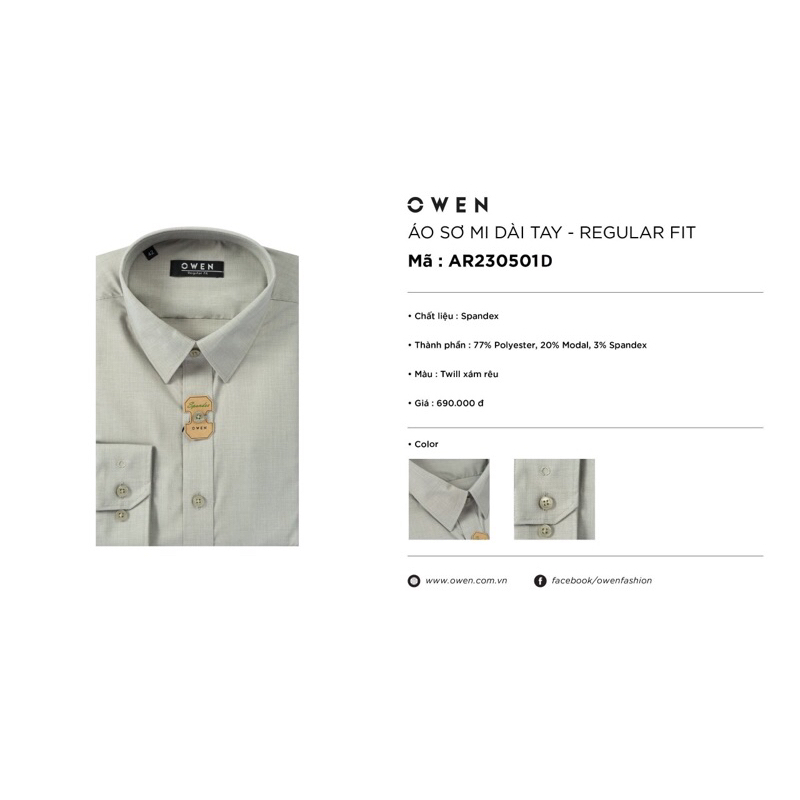 Áo sơ mi owen dài tay màu twin xám rêu regular fit vải sồi AR230501D