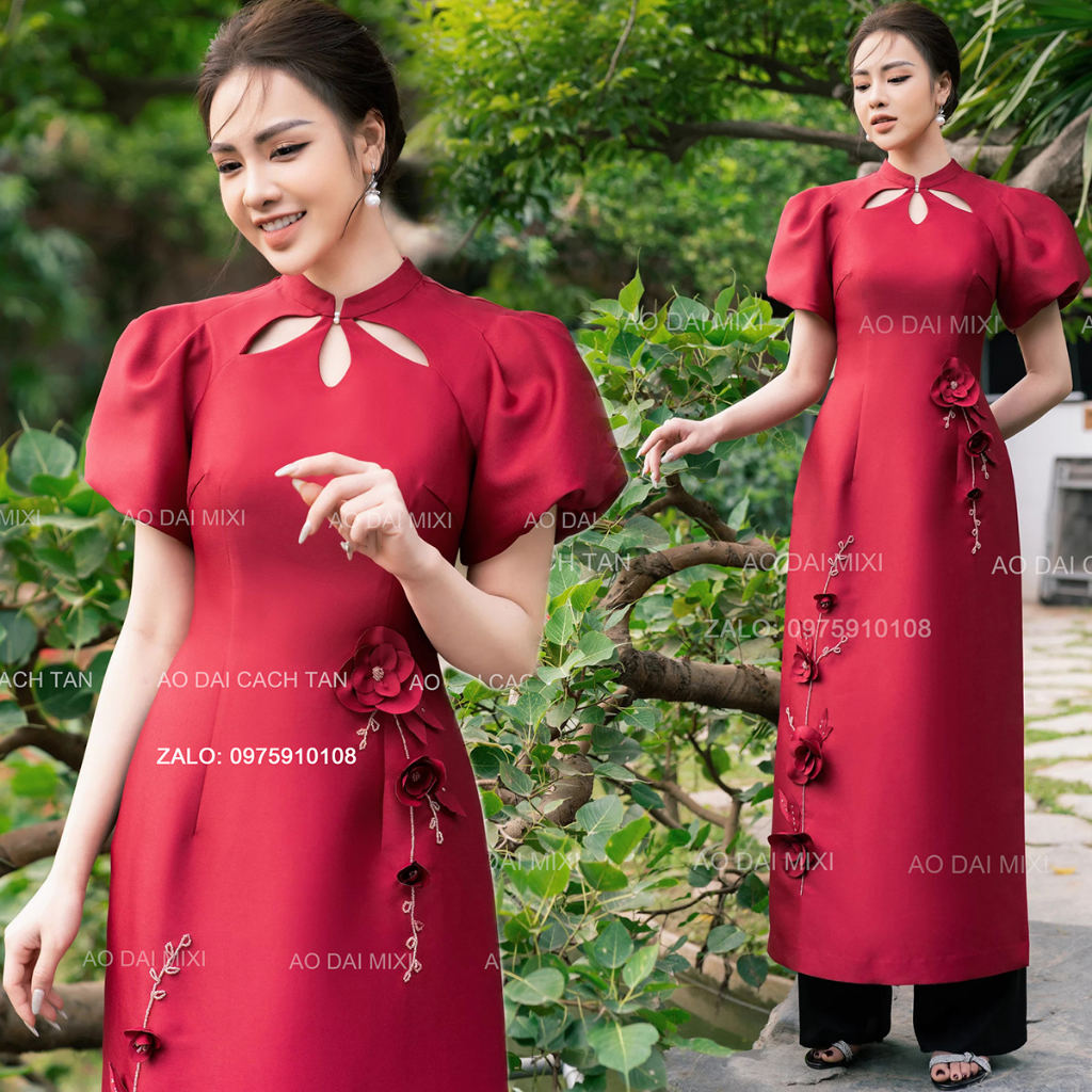 Áo dài cách tân tay bồng đính hoa nổi trẻ trung, áo dài đẹp mặc đám cưới hỏi lễ tết chụp hình đẹp sang trọng