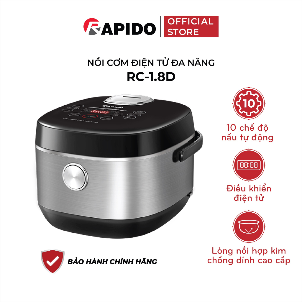 Nồi cơm điện tử Rapido RC-1.8D dung tích 1.8L 10 chức năng nấu bảo hành 18 tháng