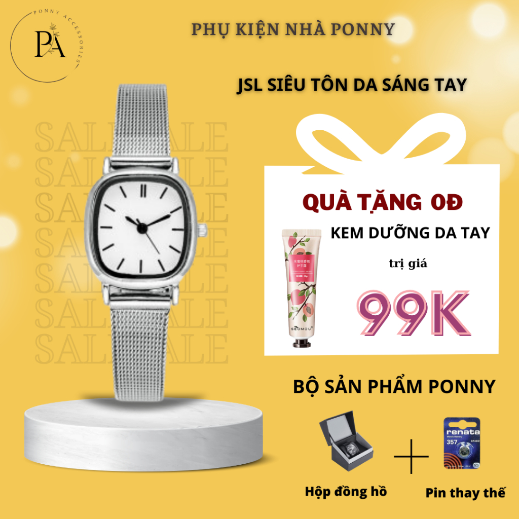 Đồng Hồ Nữ JIS màu trắng mặt vuông tôn da sáng tay phong cách Hàn Quốc Đồng Hồ Dây Kim Loại Mặt Nhỏ (có ảnh thật)