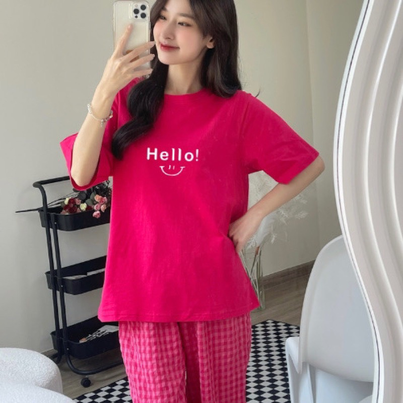 Sét bộ nữ Quần kẻ Caro Áo thun Cotton in hình, Đồ bộ mặc nhà Nữ dể thương