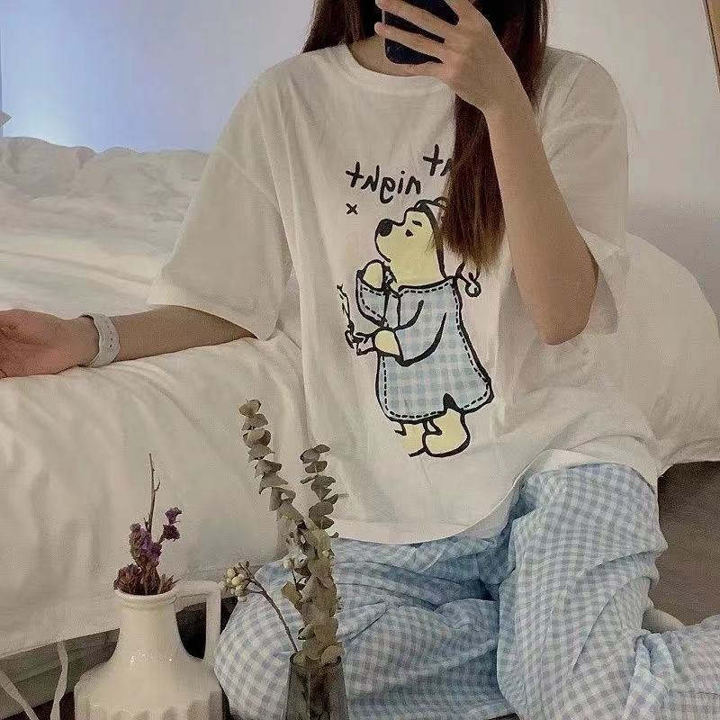 Sét bộ nữ Quần kẻ Caro Áo thun Cotton in hình, Đồ bộ mặc nhà Nữ dể thương