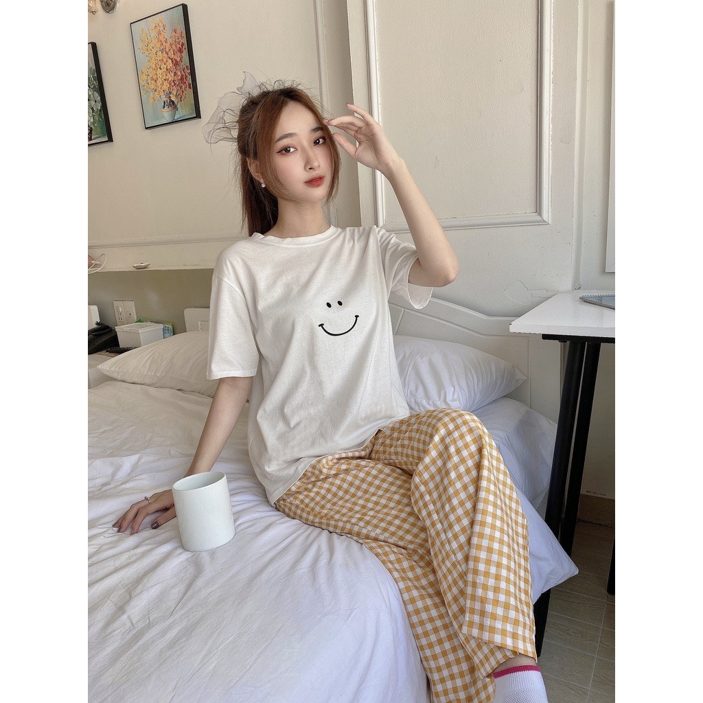 Sét bộ nữ Quần kẻ Caro Áo thun Cotton in hình, Đồ bộ mặc nhà Nữ dể thương