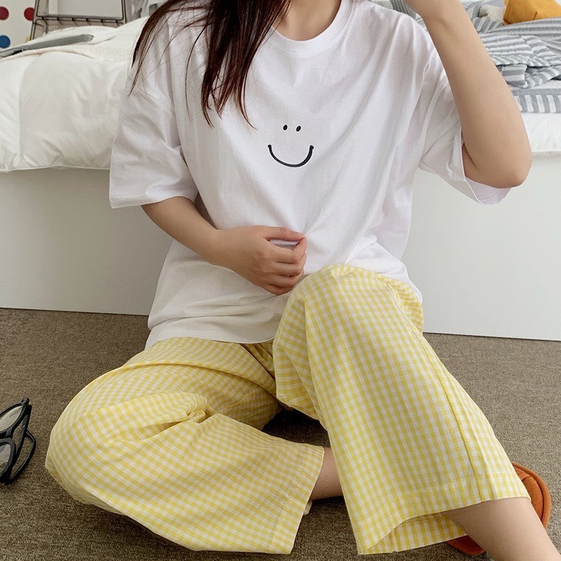 Sét bộ nữ Quần kẻ Caro Áo thun Cotton in hình, Đồ bộ mặc nhà Nữ dể thương