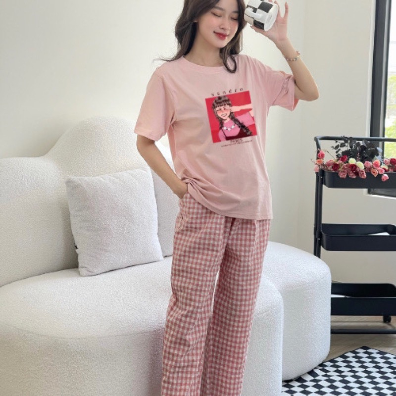 Sét bộ nữ Quần kẻ Caro Áo thun Cotton in hình, Đồ bộ mặc nhà Nữ dể thương