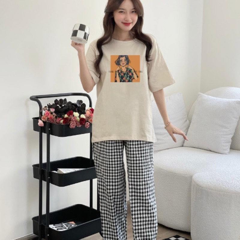 Sét bộ nữ Quần kẻ Caro Áo thun Cotton in hình, Đồ bộ mặc nhà Nữ dể thương