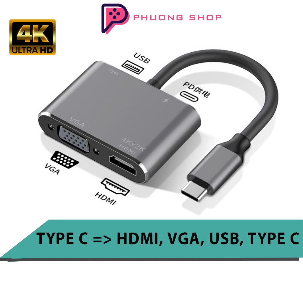 Bộ chuyển đổi Hub Type C sang HDMI, VGA ,USB 3.0, PD 87W Tiện Dụng - hỗ trợ độ phân lên đên·4K30Hz