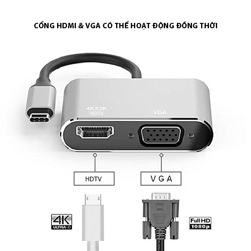 Bộ chuyển đổi Hub Type C sang HDMI, VGA ,USB 3.0, PD 87W Tiện Dụng - hỗ trợ độ phân lên đên·4K30Hz