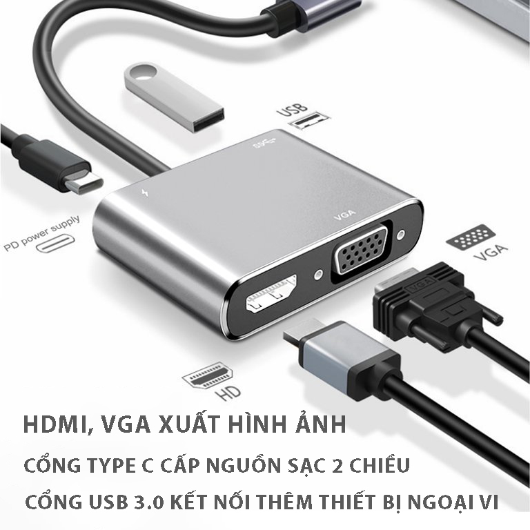 Bộ chuyển đổi Hub Type C sang HDMI, VGA ,USB 3.0, PD 87W Tiện Dụng - hỗ trợ độ phân lên đên·4K30Hz