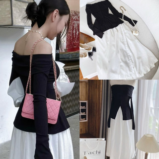 Set áo đen trễ vai + chân váy midi