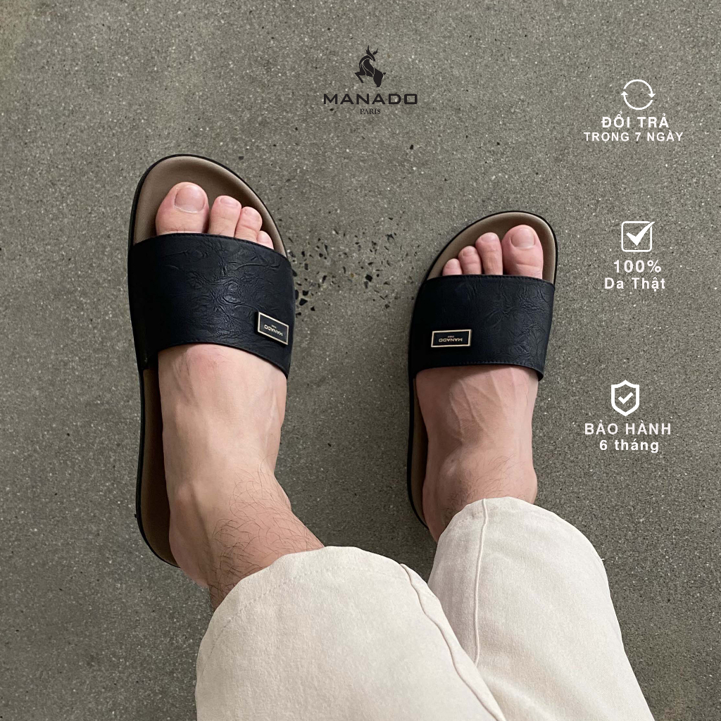 Dép da nam quai ngang cao cấp Manado Mã MND13 màu đen vàng fullbox, quai da mềm mại, đế cao su thiết kế chắc chắn