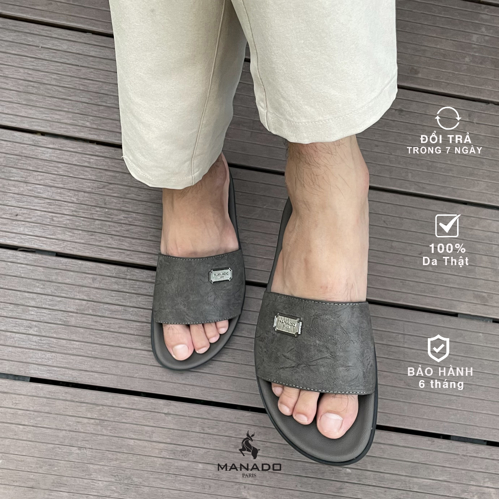 Dép da nam quai ngang cao cấp Manado Mã MND12 màu xám fullbox, quai da mềm mại, đế cao su thiết kế chắc chắn