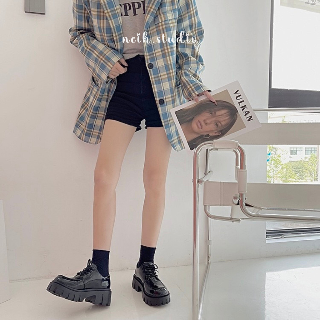 Giày Oxford nữ cổ thấp đế bằng màu đen bóng neih.studio