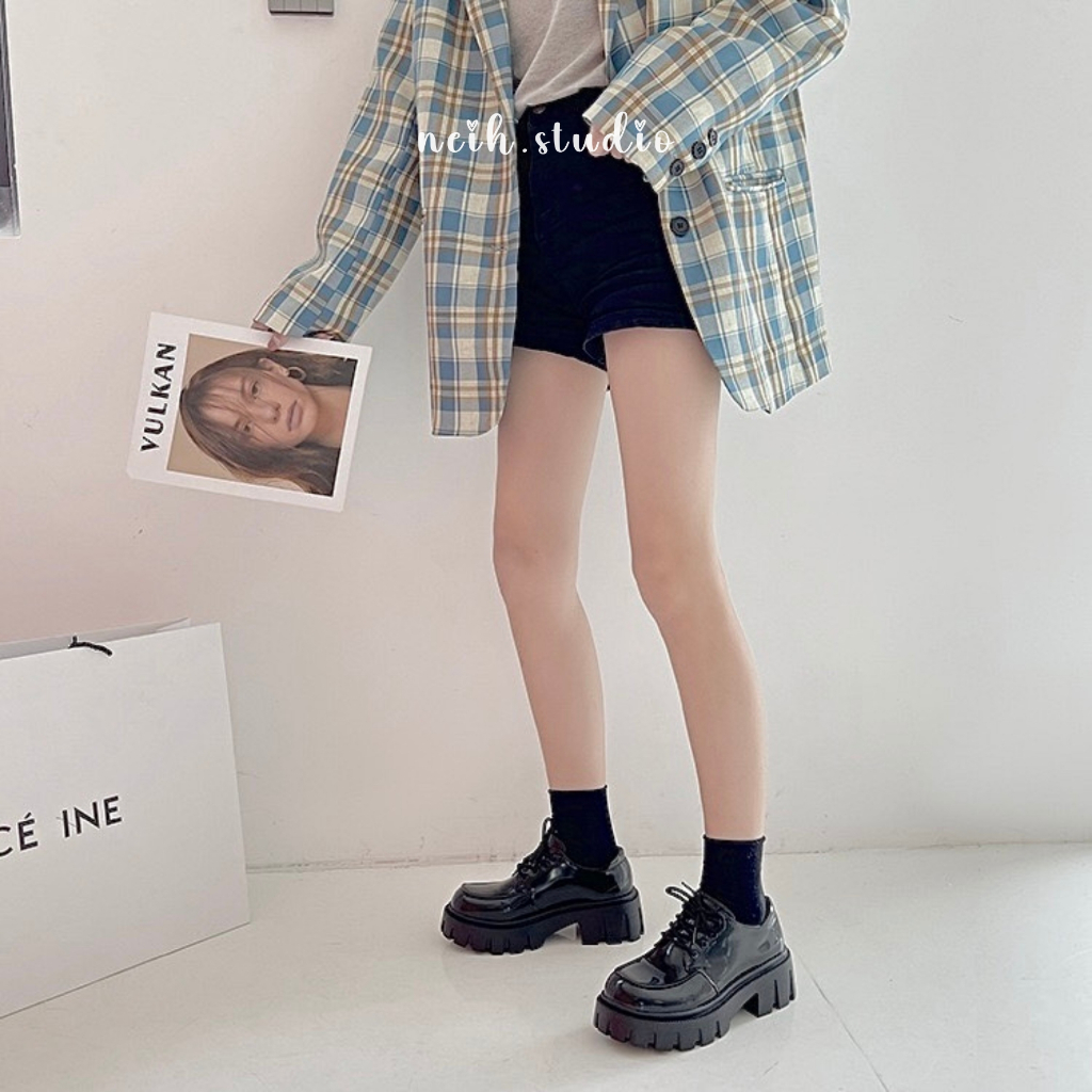 Giày Oxford nữ cổ thấp đế bằng màu đen bóng neih.studio