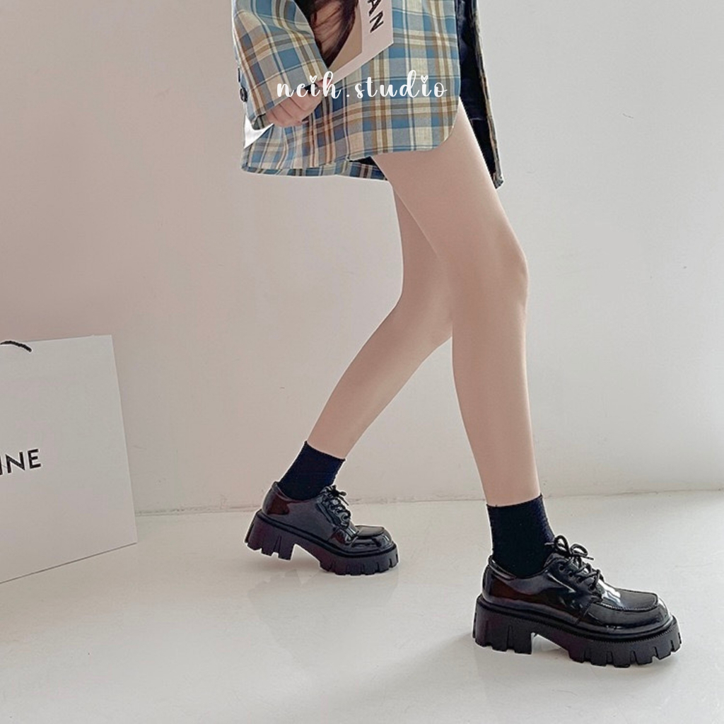 Giày Oxford nữ cổ thấp đế bằng màu đen bóng neih.studio