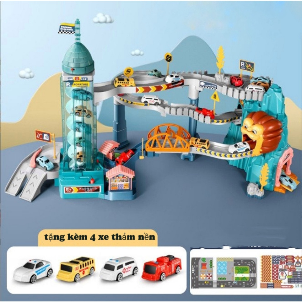 Đường hầm khủng long, bộ đường đua hầm sư tử kèm chạy PIN, có nhạc và LED phát sáng