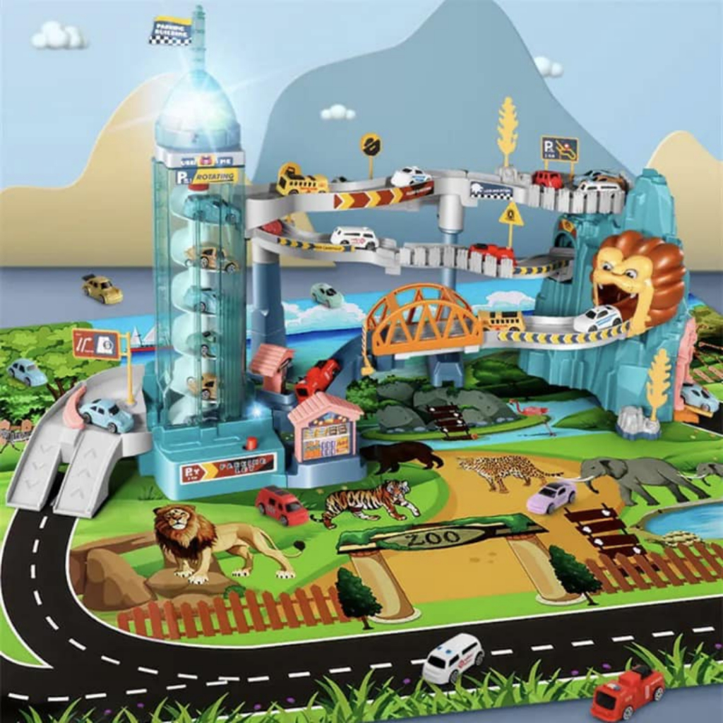 Đường hầm khủng long, bộ đường đua hầm sư tử kèm chạy PIN, có nhạc và LED phát sáng