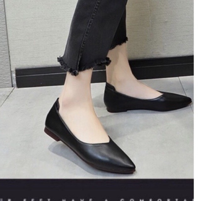 Giày búp bê nữ chất da lì mềm êm chân sẵn 2 màu đen kem mã B17