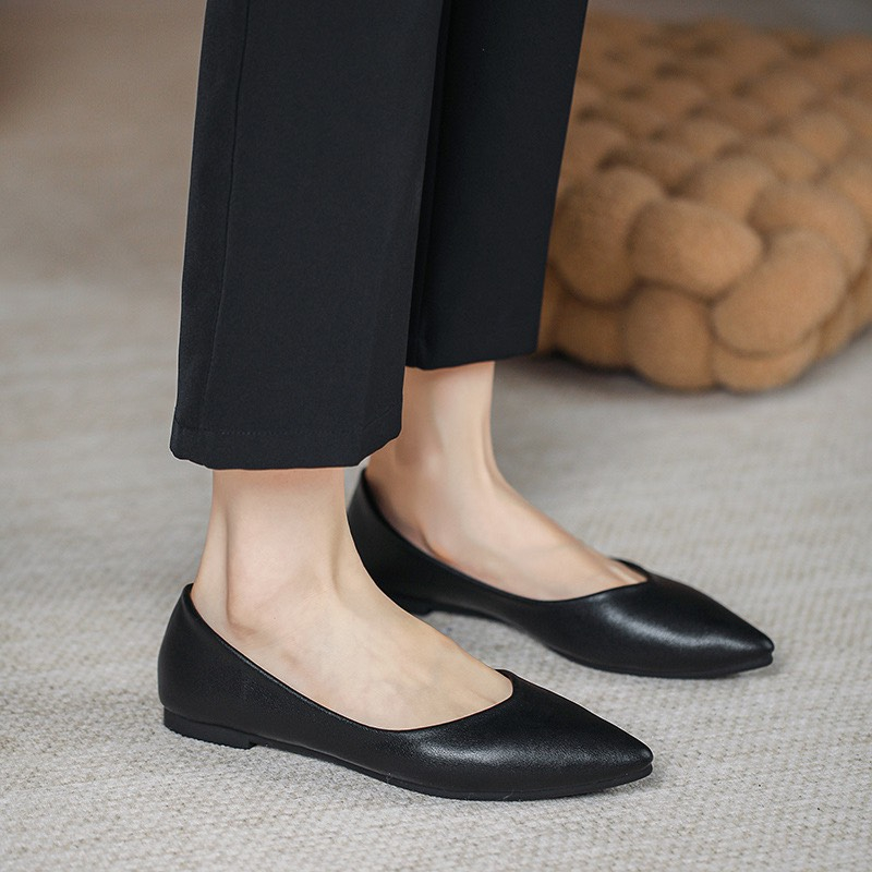 Giày búp bê nữ chất da lì mềm êm chân sẵn 2 màu đen kem mã B17