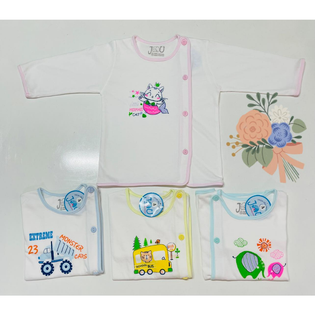 Áo sơ sinh tay dài cài lệch nút JOU chính hãng bé trai, bé gái chất cotton mát, mịn, áo bác sĩ sơ sinh