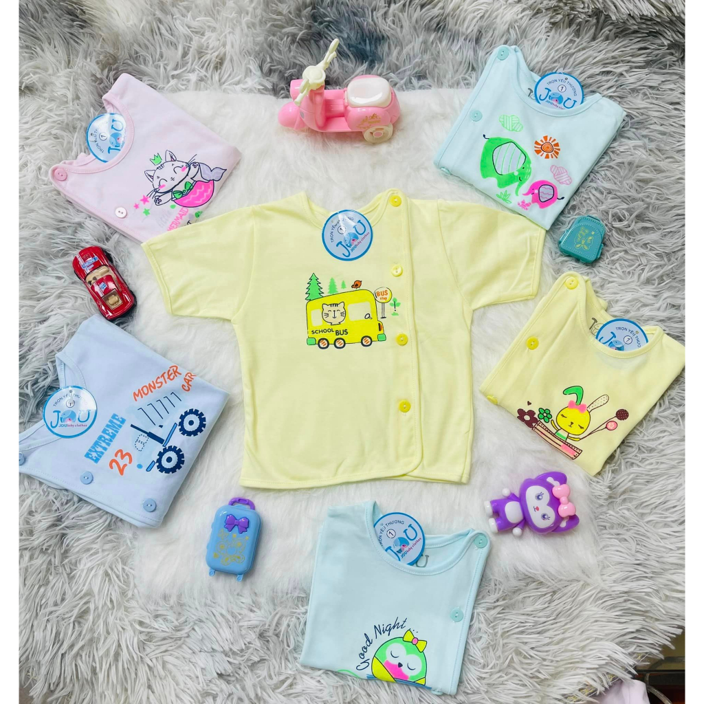 Áo sơ sinh nút lệch màu tay dài, tay ngắn JOU cotton cao cấp, chính hãng, áo bác sĩ màu cho bé sơ sinh