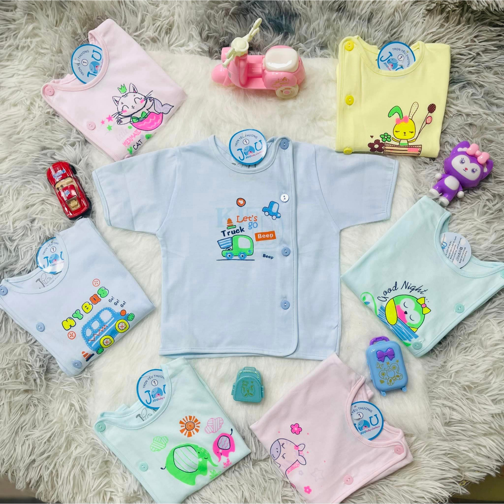 Áo sơ sinh nút lệch màu tay dài, tay ngắn JOU cotton cao cấp, chính hãng, áo bác sĩ màu cho bé sơ sinh