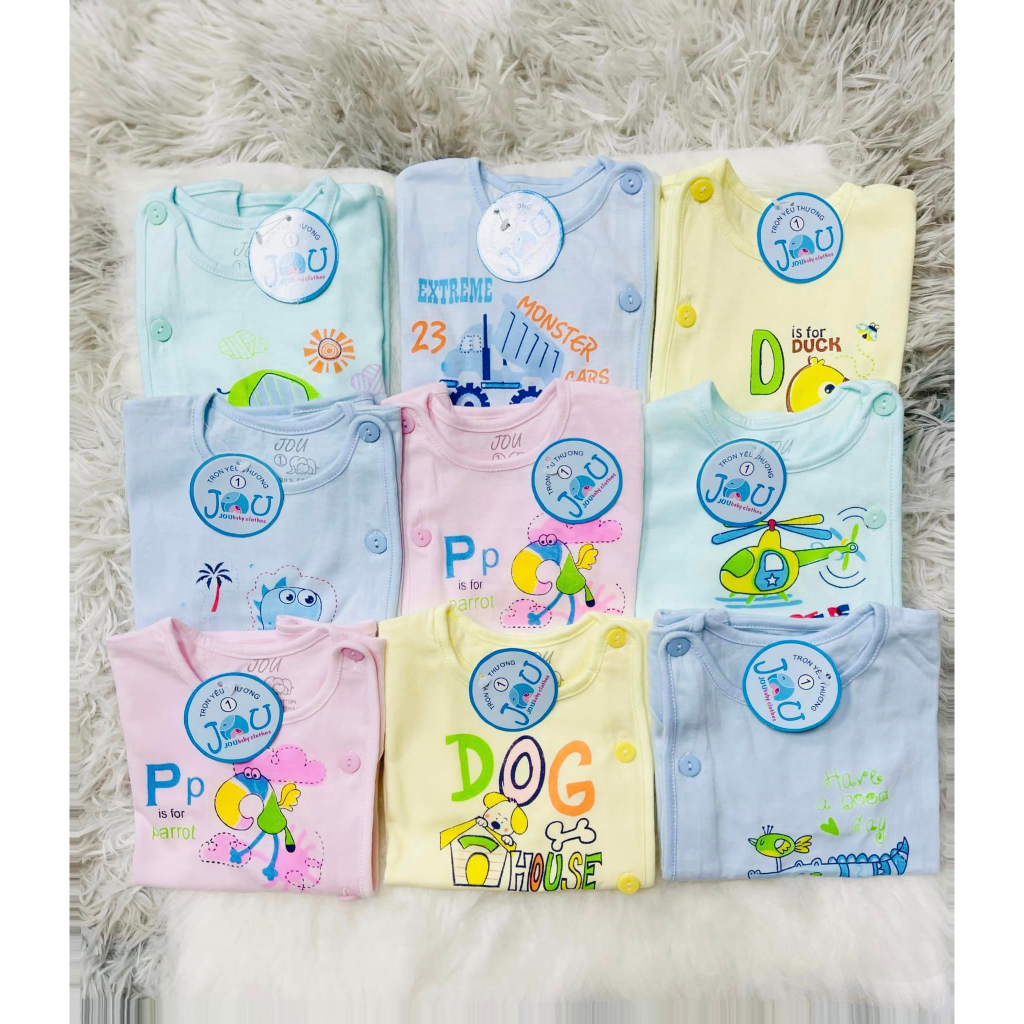 Áo sơ sinh nút lệch màu tay dài, tay ngắn JOU cotton cao cấp, chính hãng, áo bác sĩ màu cho bé sơ sinh